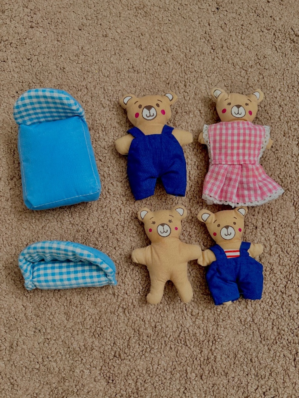 Mini Bear Family Plush Doll Set w/ Furniture Handmade Flat Cloth Vintage Toys